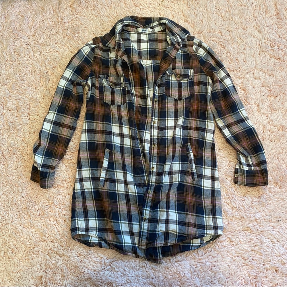 Grey/Brown/Blue/White plaid long button down